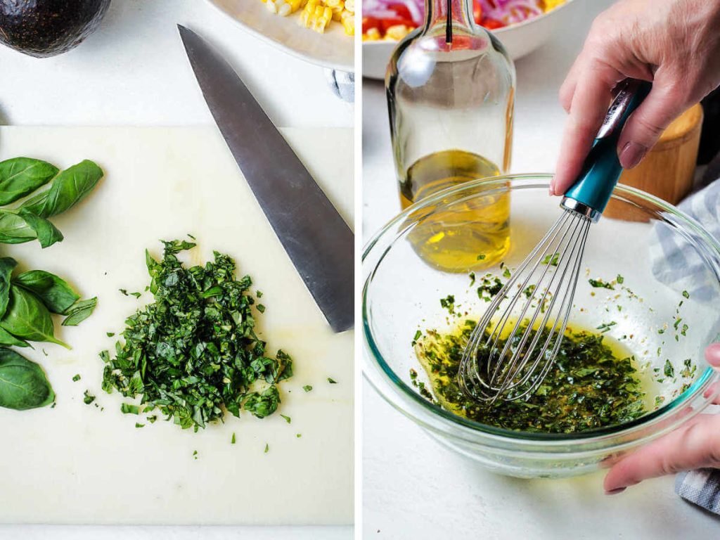 chopped basil on a cutting board; whisking basil dressing in a bowl.