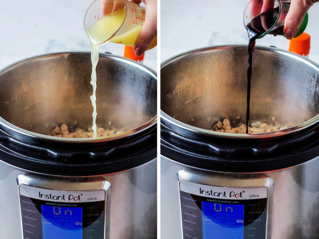 pouring chicken broth and soy sauce into an instant pot.