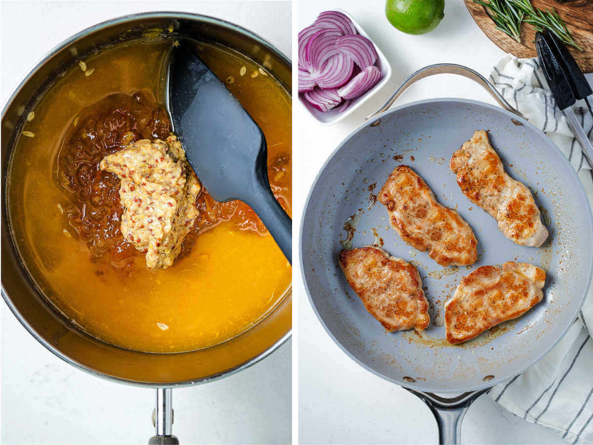 Combining sauce ingredients in a saucepan for glazed pork chops; searing pork chops in a skillet.