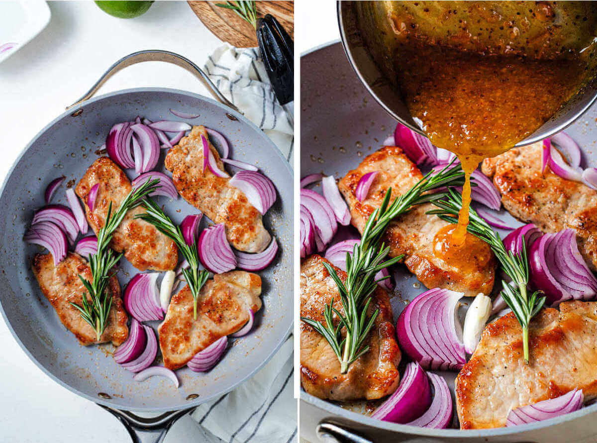 Browned pork chops in a skillet; pouring sauce on top of pork chops/