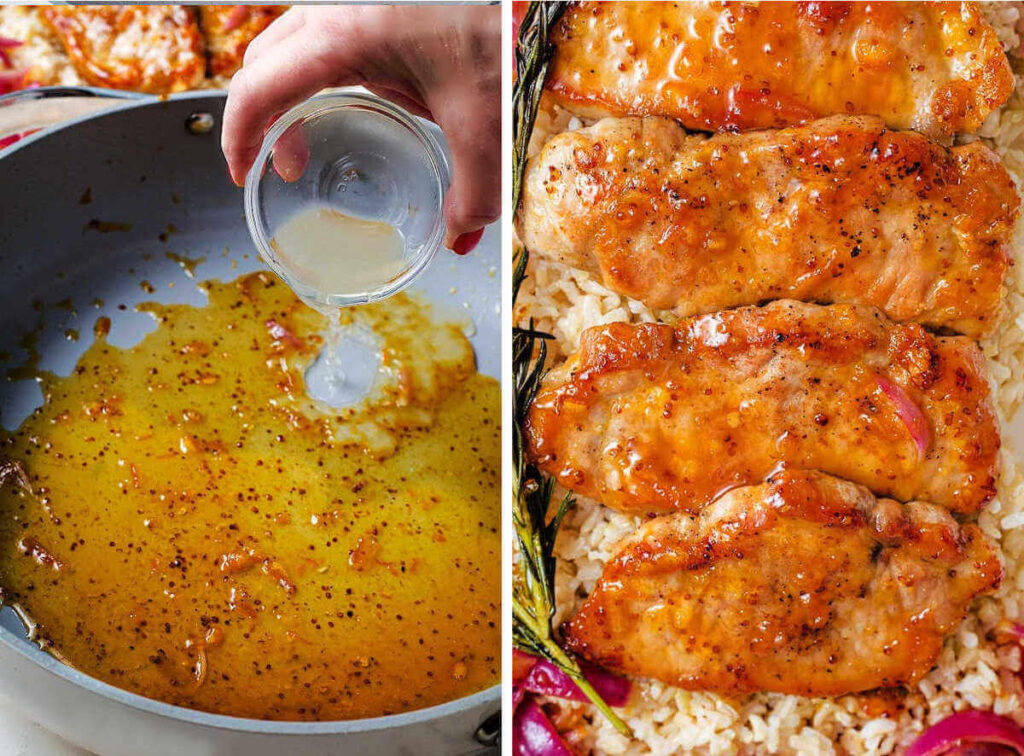 Adding lime juice to the pan sauce for glazed pork chops.
