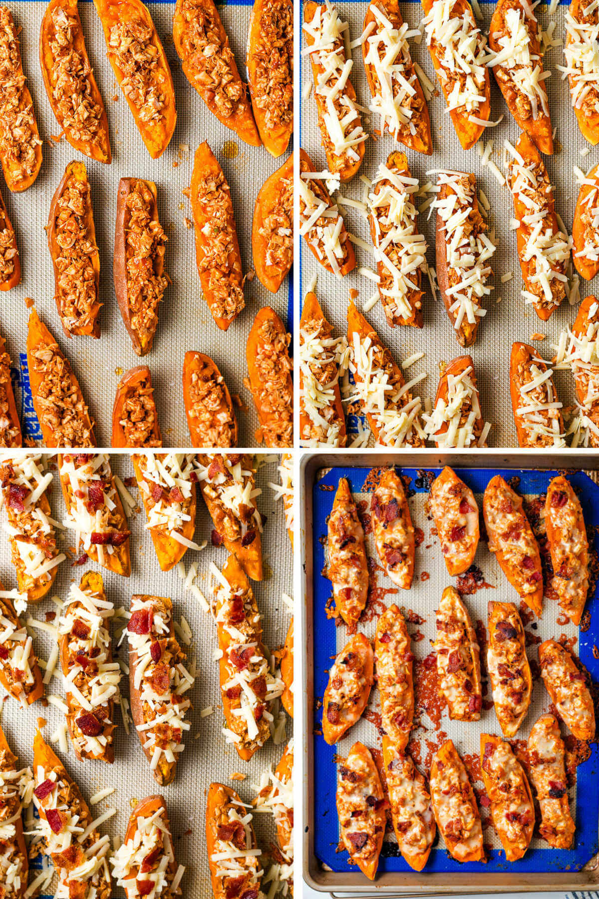 assembling loaded sweet potato skins for the oven.