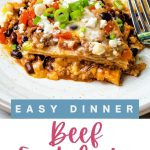 Easy Cheesy Ground Beef Enchilada Skillet Casserole serving on a plate.