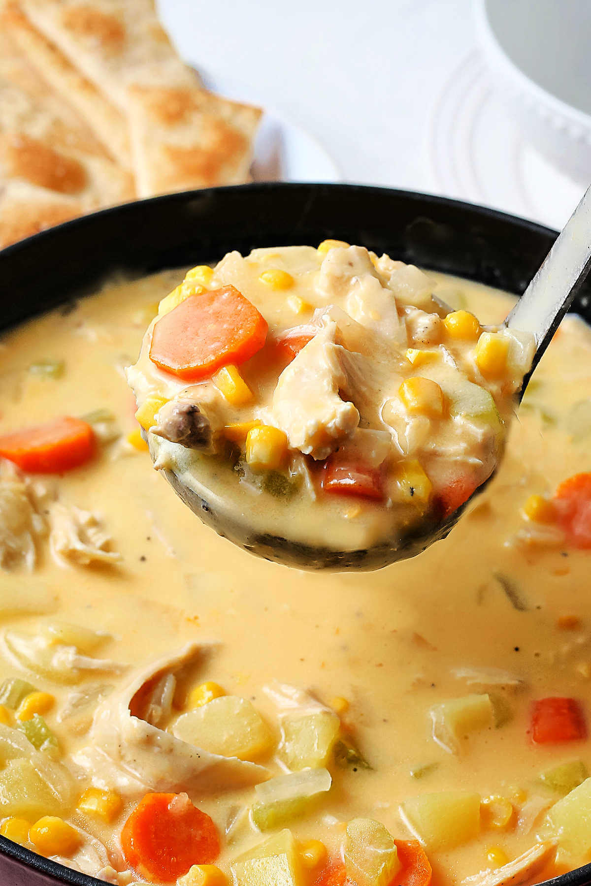 a ladle filled with chicken pot pie soup.
