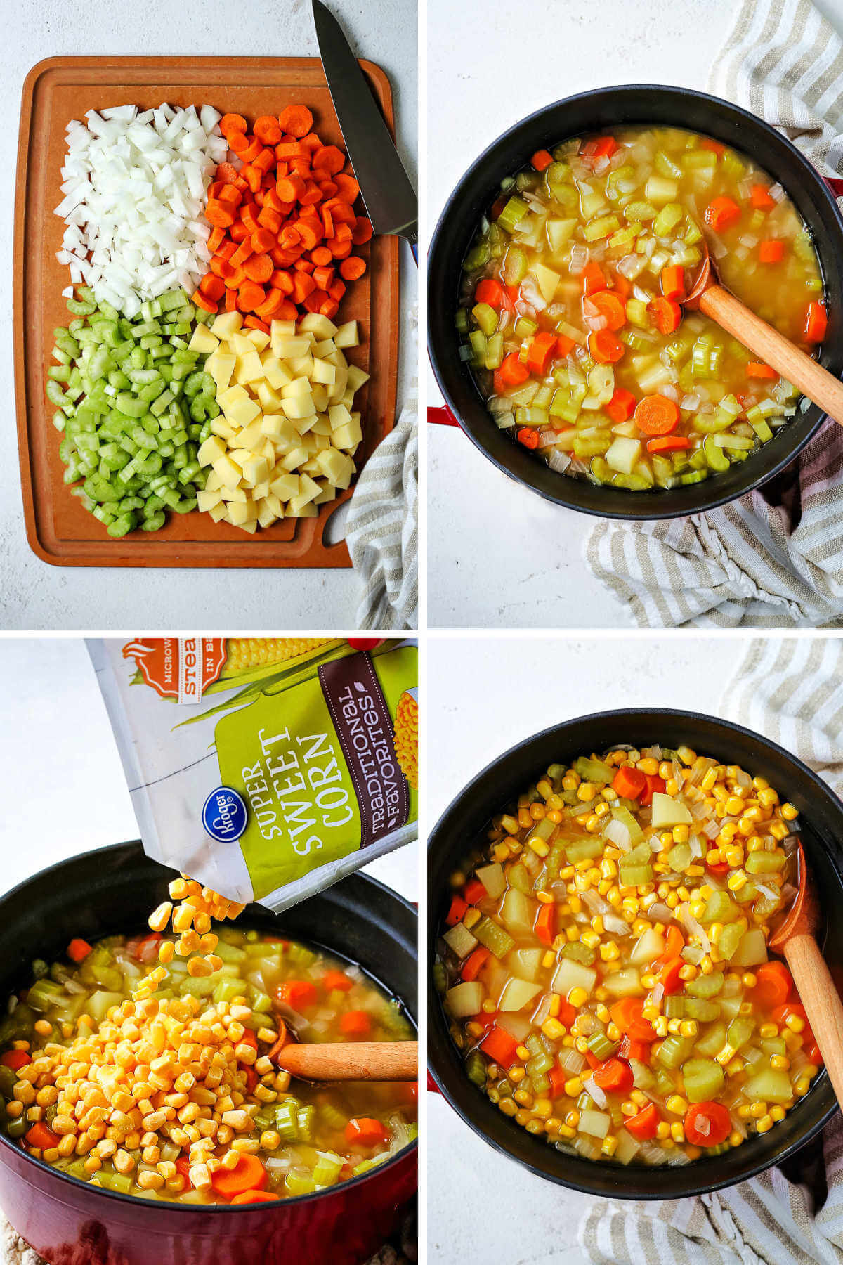 chopped veggies on a cutting board; vegetables in broth in a Dutch oven.