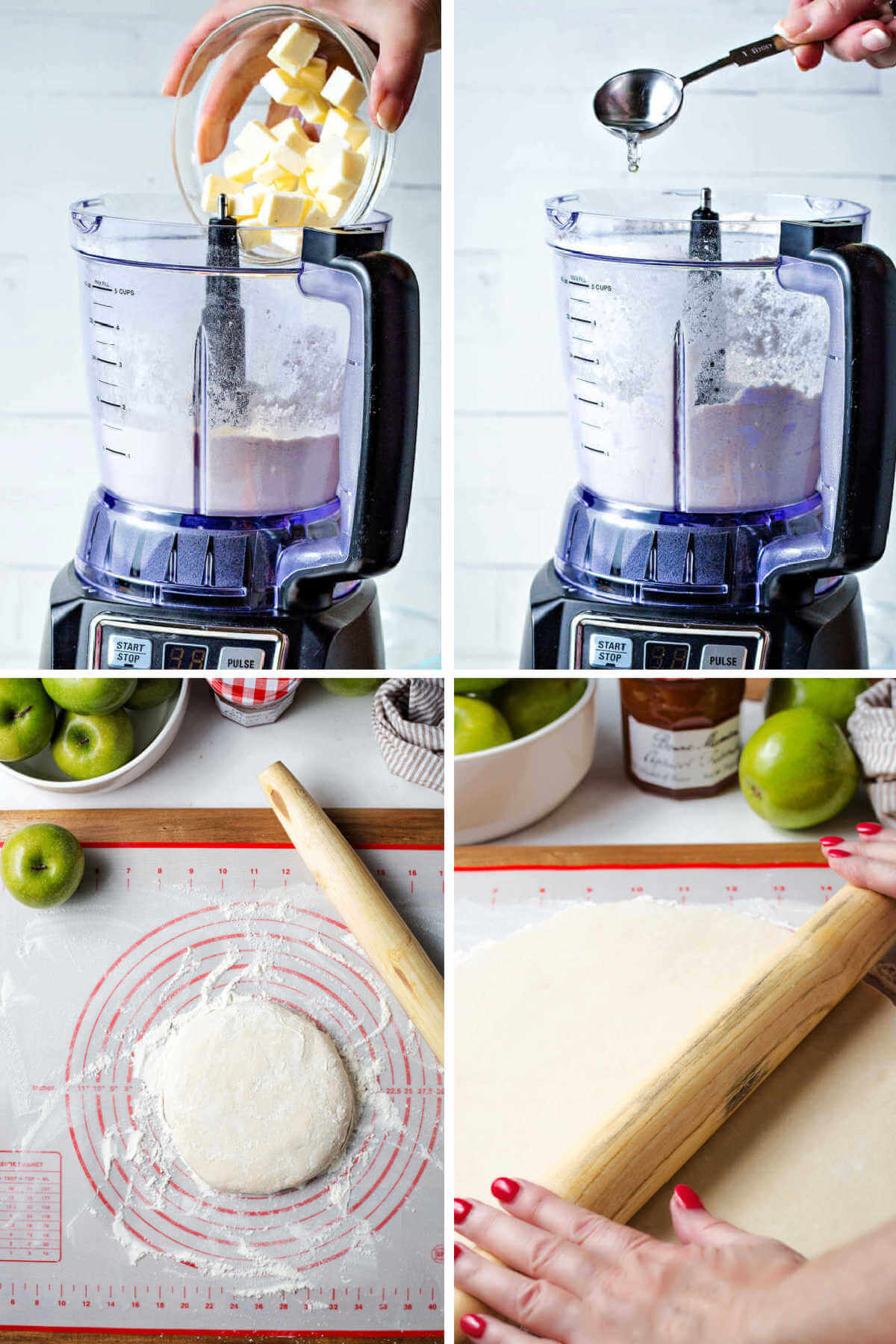 making tart dough in a food processor; rolling dough into a circle on a pastry mat.