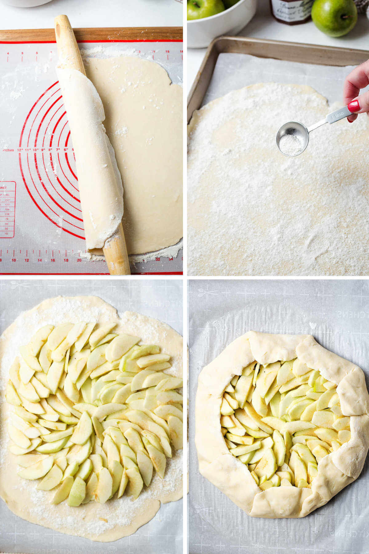 transferring dough circle to a baking sheet; layerd of sliced apples on top of dough.