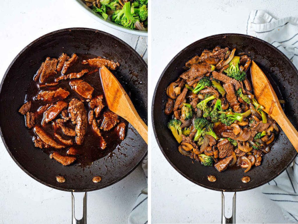 beef and boccoli in a wok with a wooden spoon,