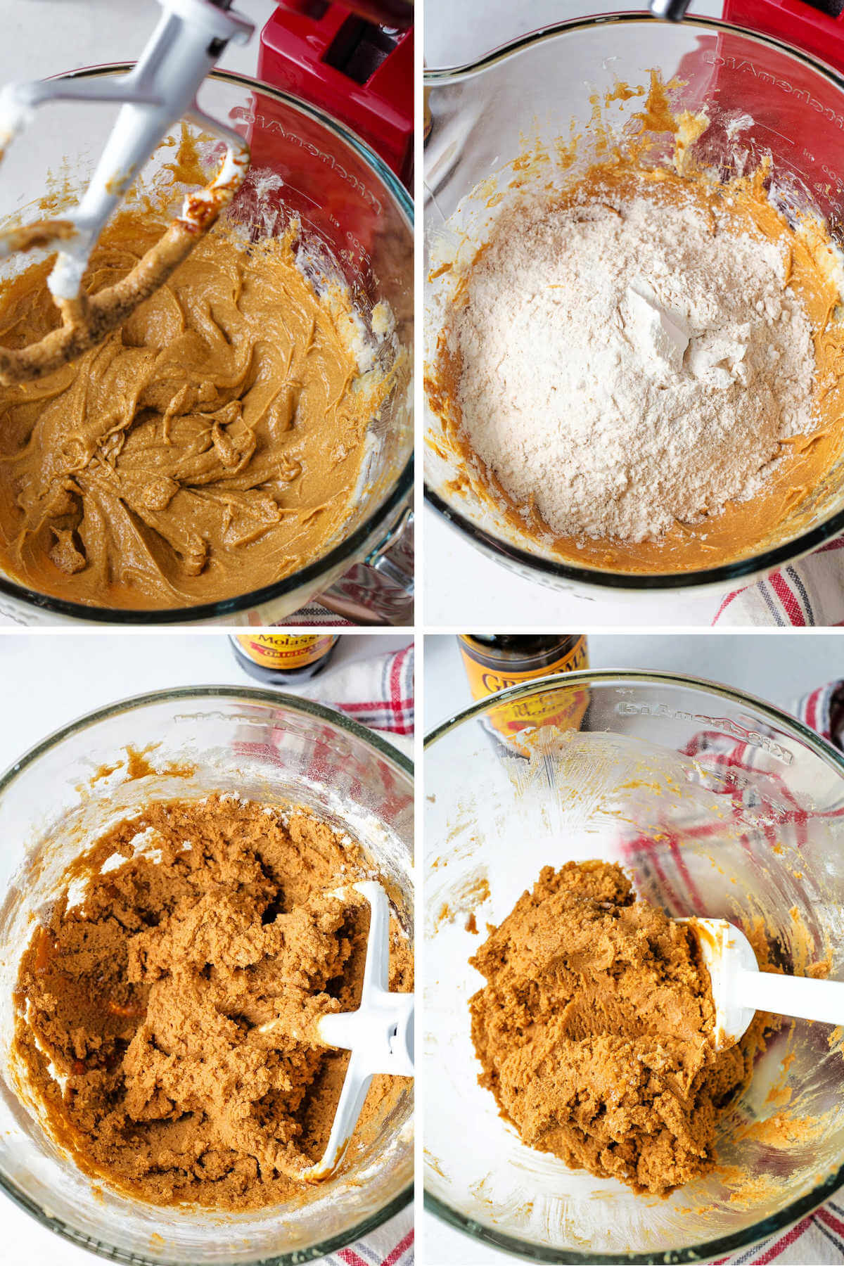 combining wet and dry ingredients together for molasses crinkle cookies in a stand mixer.