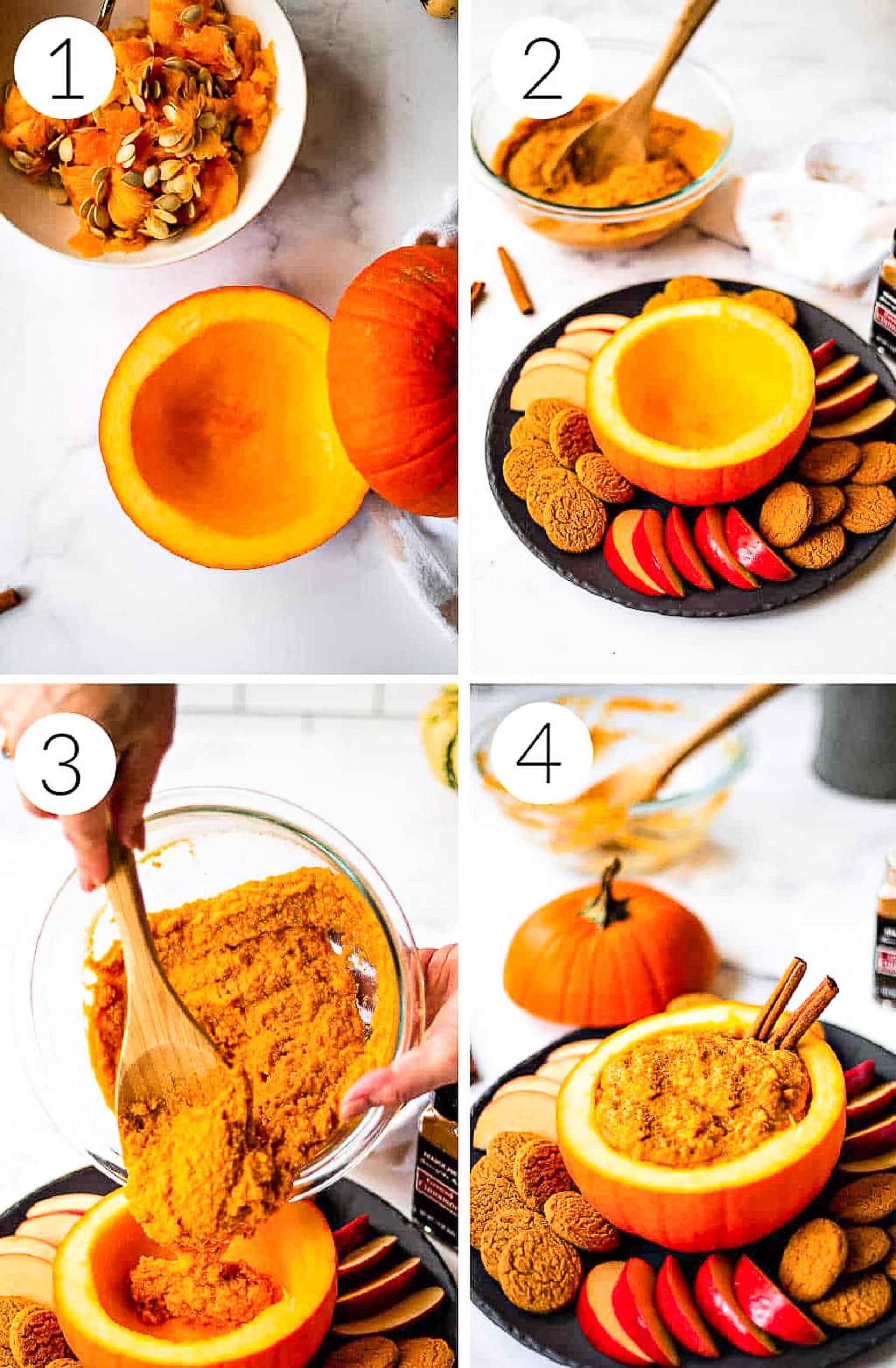 carving a pumpkin bowl and spooning dip inside.