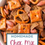 HOMEMADE CHEX MIX IN A BOWL ON A TABLE.