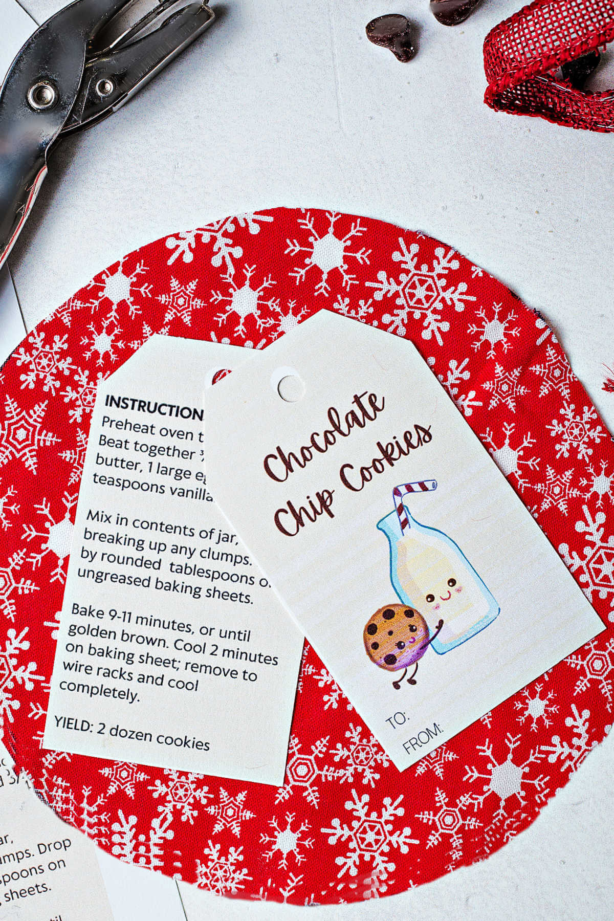 gift tag and instructions for chocolate chip cookie mix on a table.