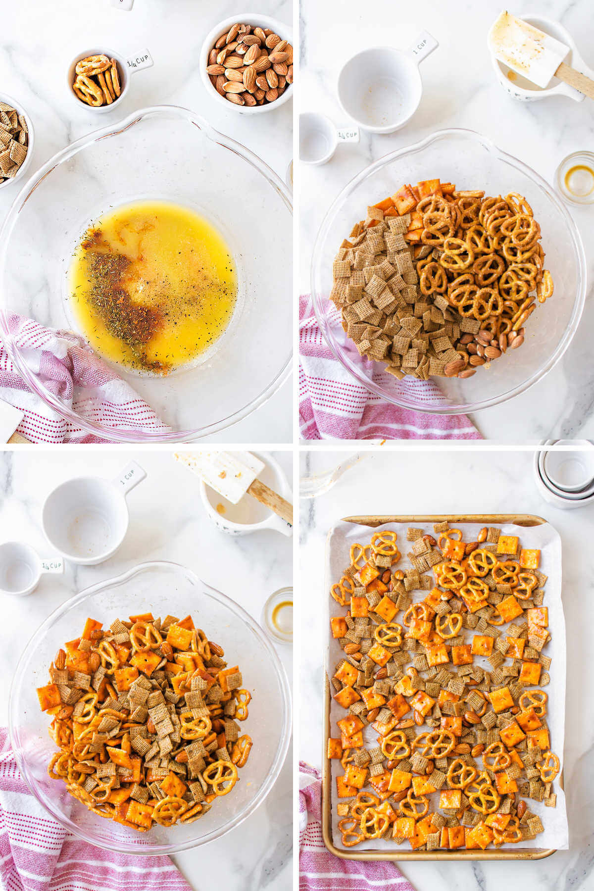 melted butte and spices in a bowl; chex cereal mixed with butter and spices on a baking sheet.