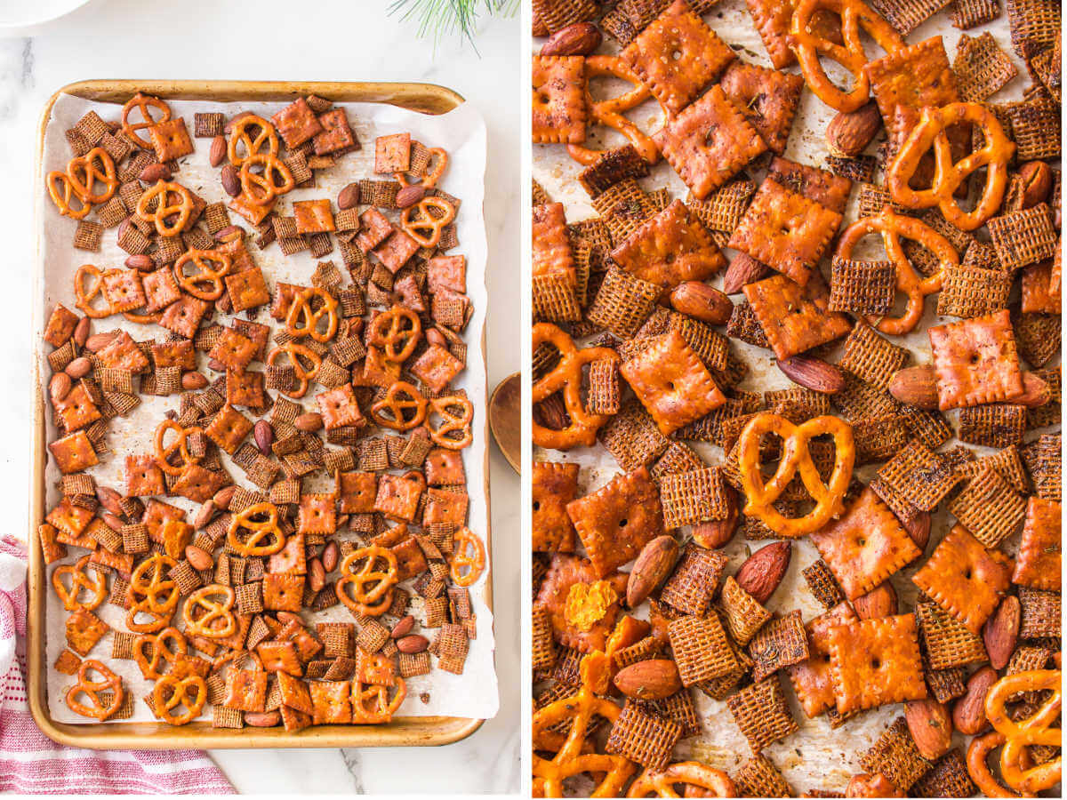 Chex Mix on a baking sheet, before and after being roasted.