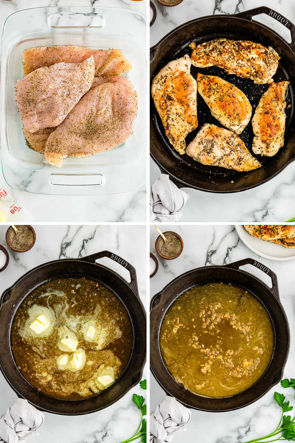 seasoning chicken; searing in a cast iron pan; making the pan sauce for garlic butter chicken.