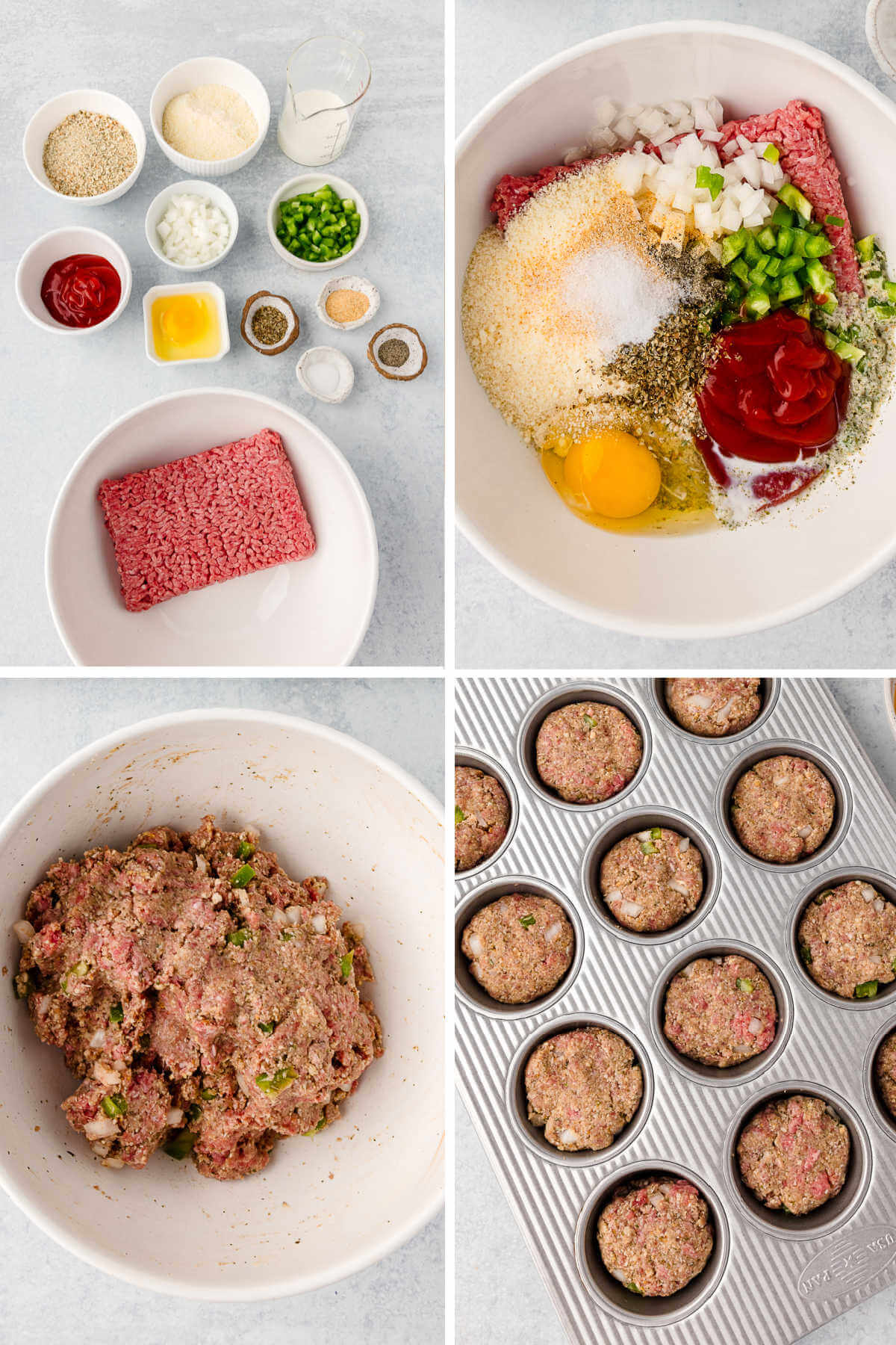 process steps for making meatloaf mixture to bake in muffin cups.