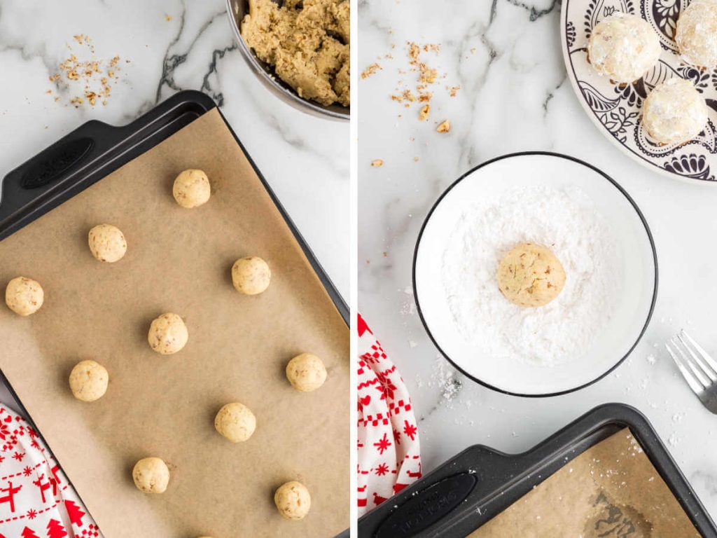 cookie dough balls on a baking sheet; rolling sand tarts in a bowl of powdered sugar.