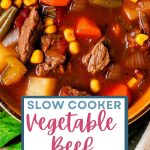 SLOW COOKER VEGETABLE BEEF SOUP IN A SERVING BOWL.