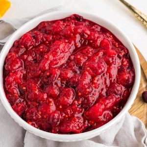 fresh cranberry chutney in a bowl on a table.