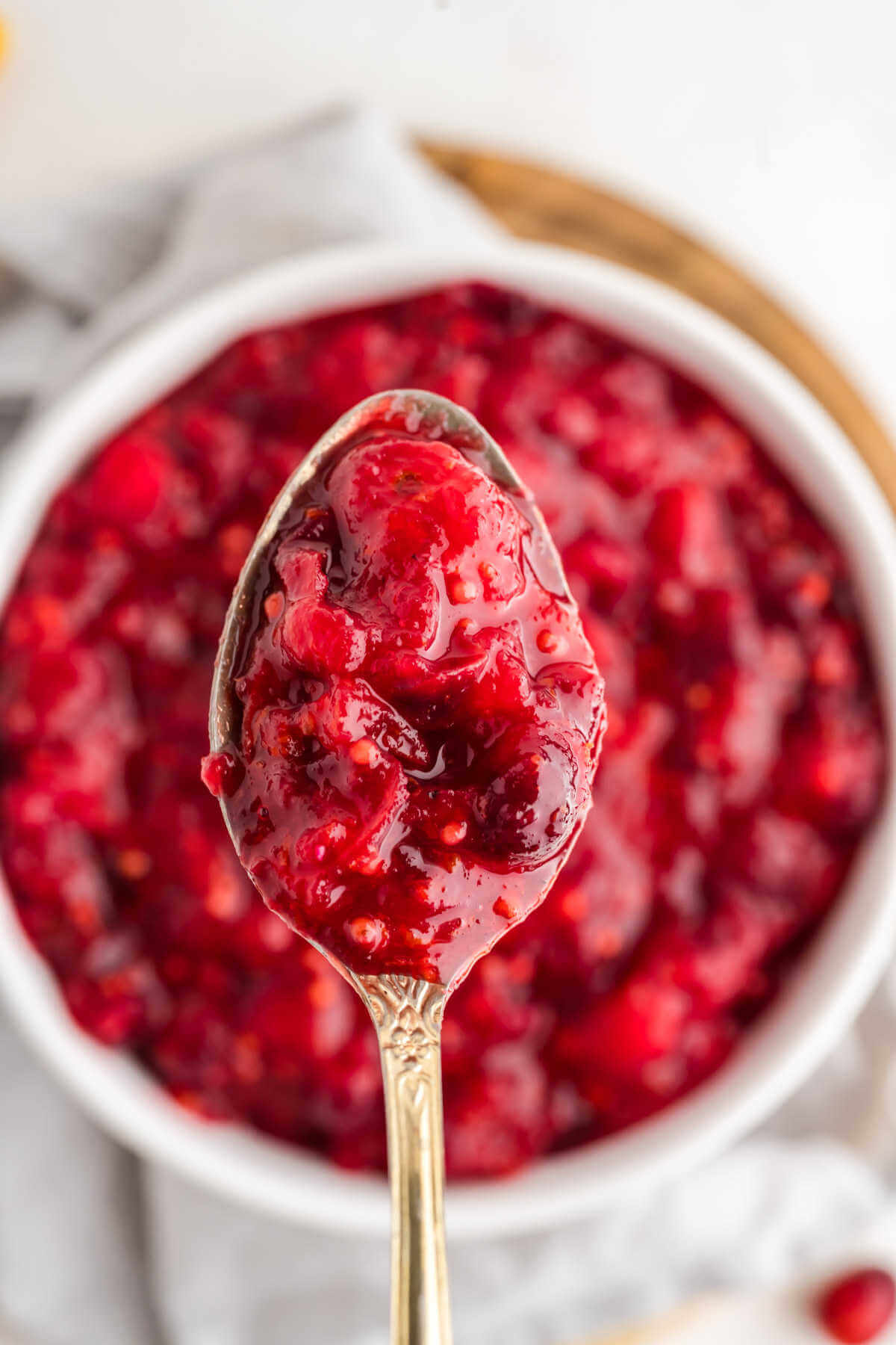 a spoonful of cranberry chutney with the bowl in the background.
