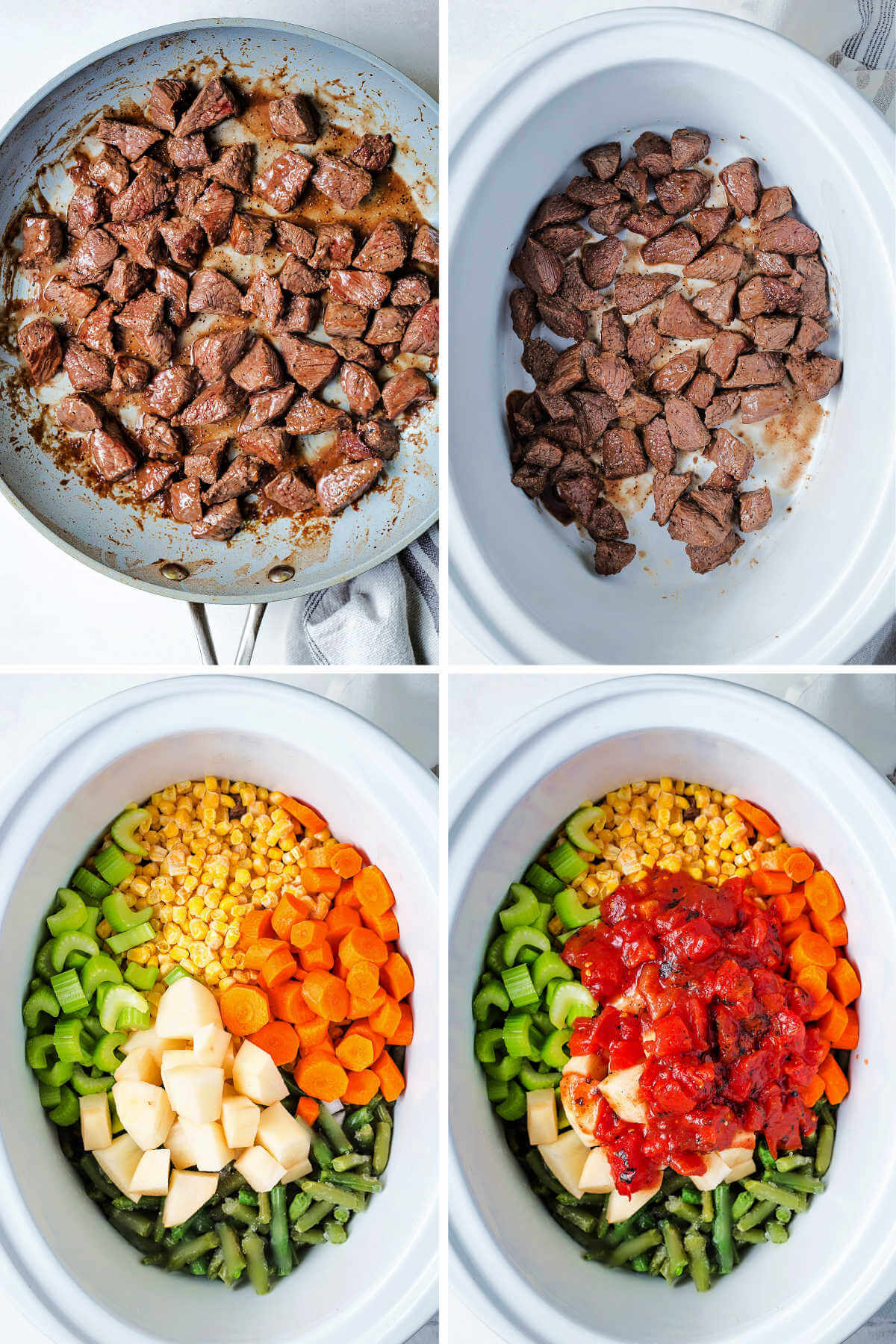browning beef and layering vegetables in a crockpot for vegetable beef soup.