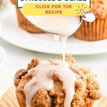 Drizzling vanilla icing on a Bakery-Style Coffee Cake Muffin.