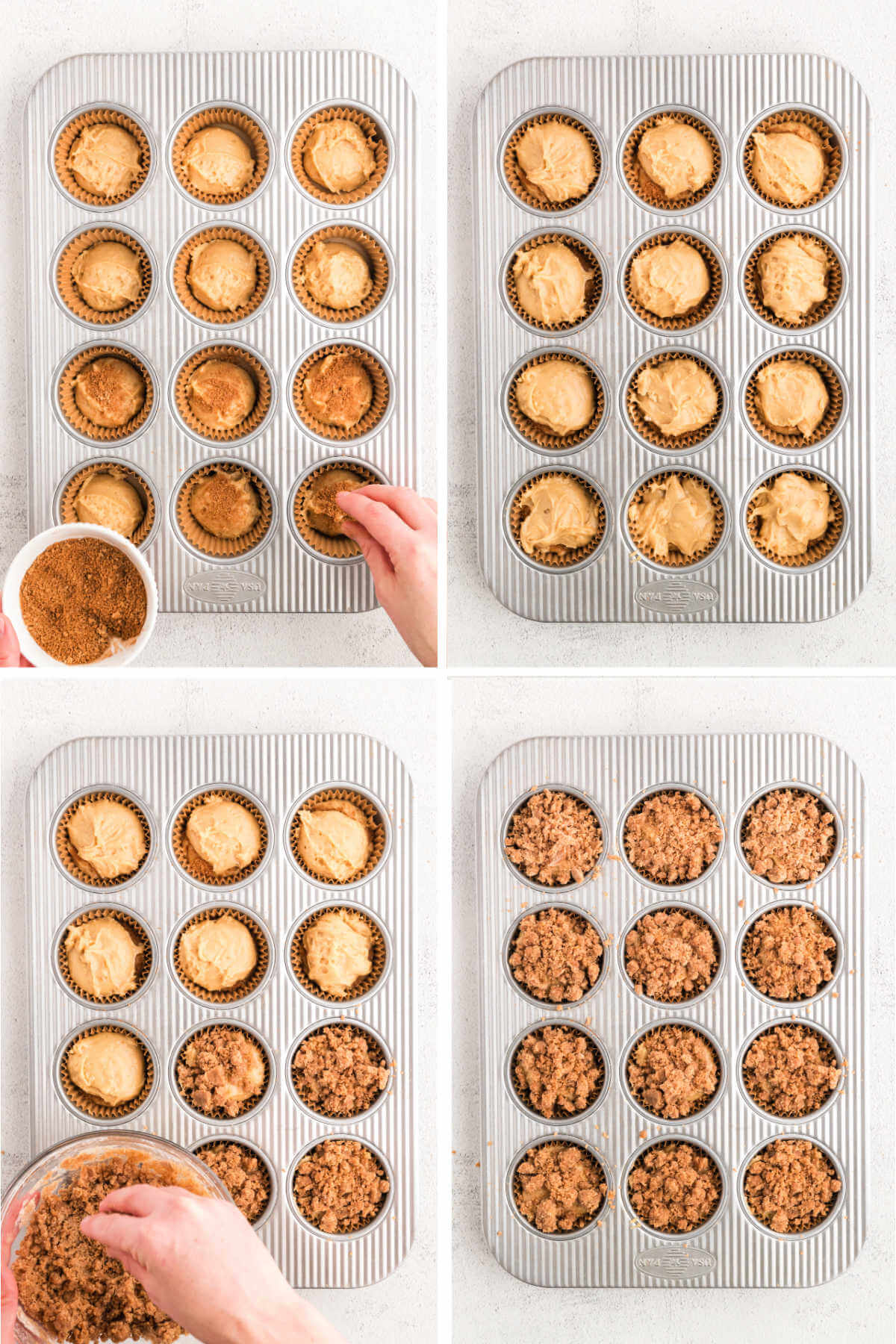 steps for assembling coffee cake muffins in muffin pans for baking.