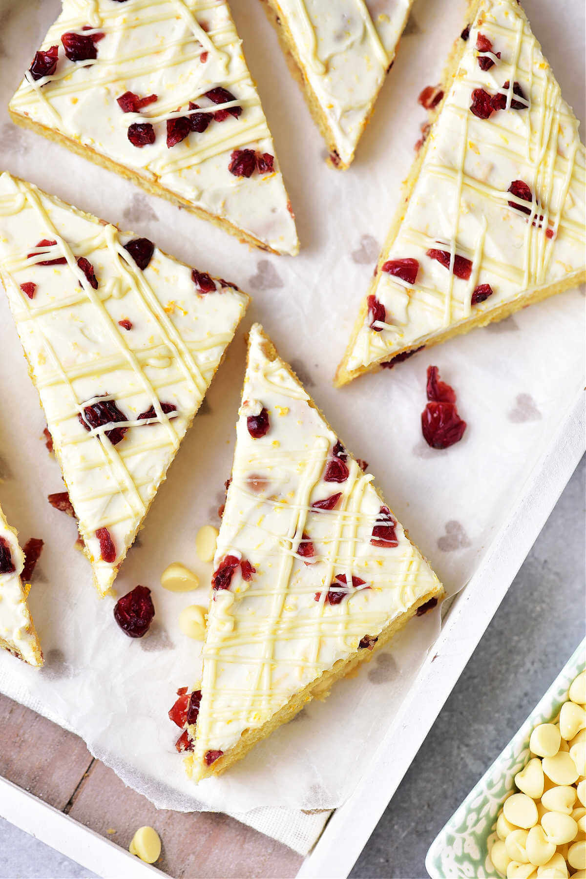 a tray of cranberry bliss bars on a table.