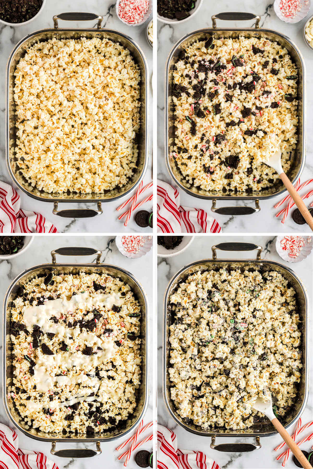 stirring crushed candy canes and oreo cookies into a pan of popcorn and drizzled with melted white chocolate.