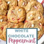 White Chocolate Peppermint Cookies on a plate with candy canes.