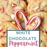 White Chocolate Peppermint Cookies on a plate with candy canes.