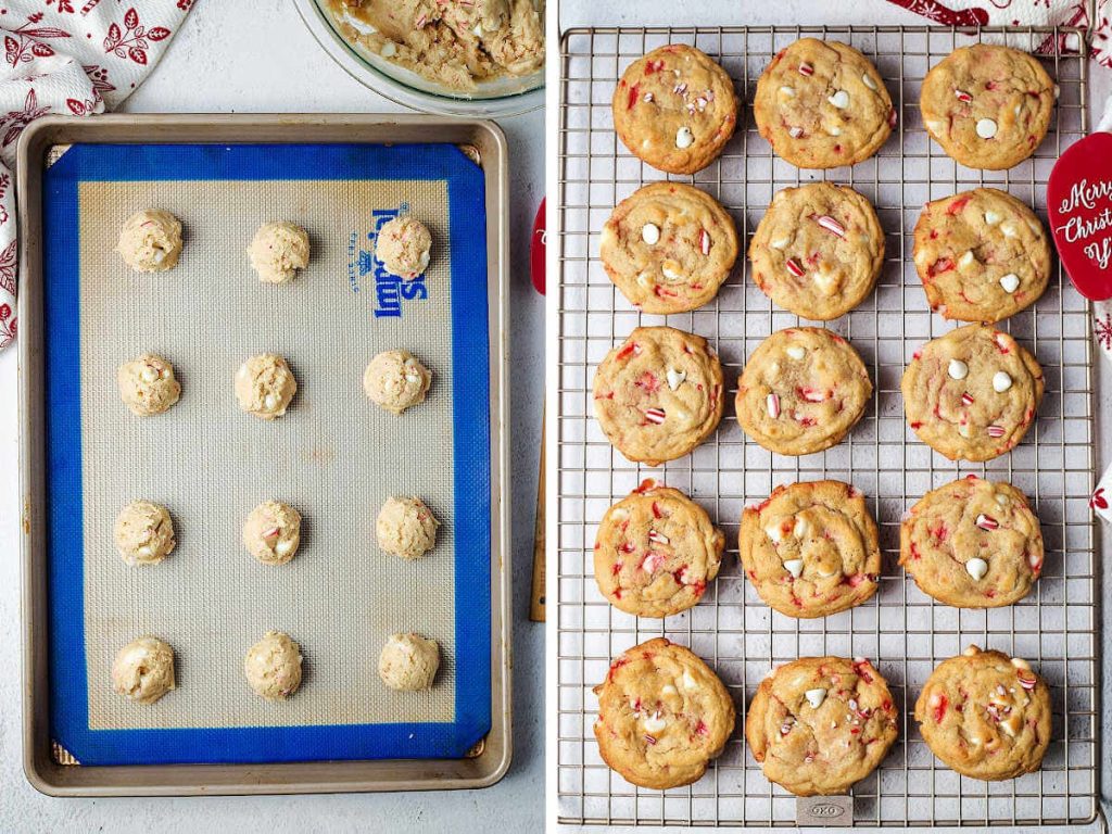 cookie dough balls on a baking sheet; cookies cooling on a wire rack.