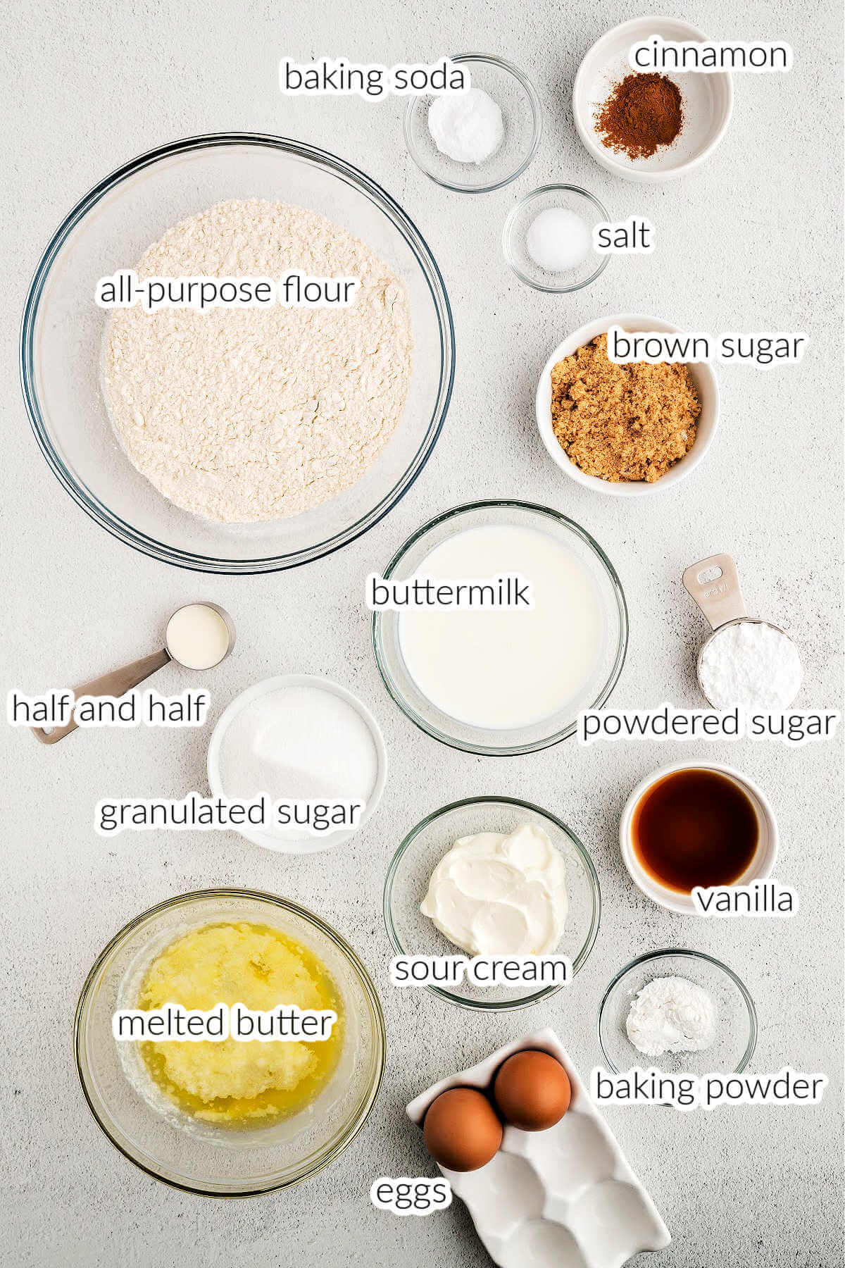 ingredients for coffee cake muffins on a table.