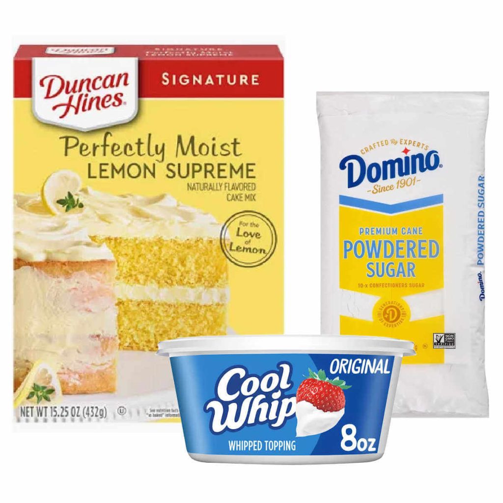 collage of ingredients for lemon crinkle cookies.