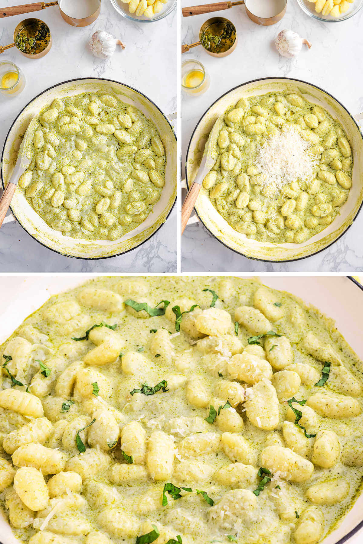 stirring gnocchi and parmesan cheese into a cream sauce.