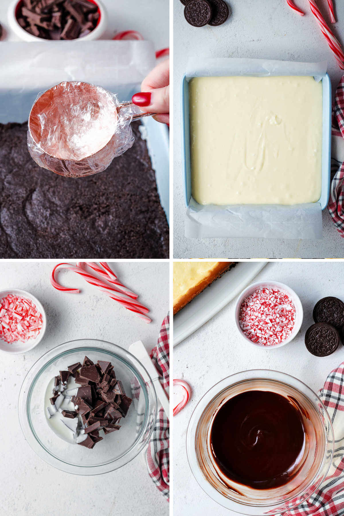 pressing oreo crust into a baking dish; batter poured on top of crust; chocolate ganache in a glass bowl on a table.