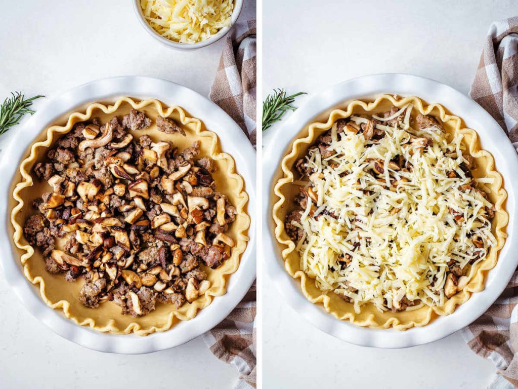 sausage, mushrooms, and swiss cheese layered in a pie crust for sausage quiche.