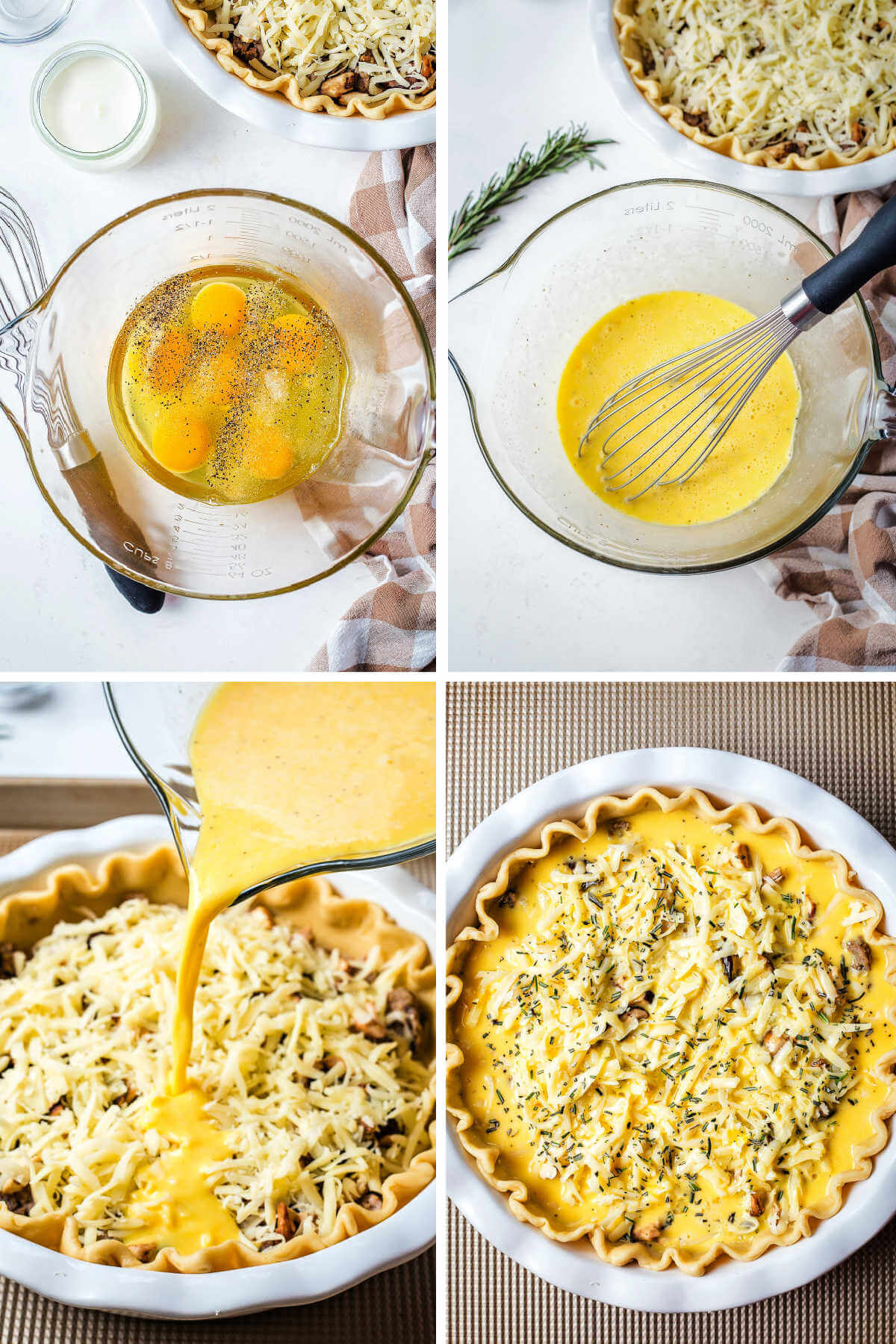 whisking eggs with half and half and pouring into a quiche pan.