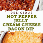 Hot Pepper Jelly Cream Cheese Dip with bacon on top in a serving dish with crackers.