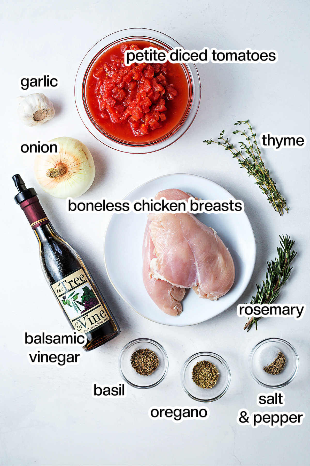 ingredients for slow cooker balsamic chicken on a table.