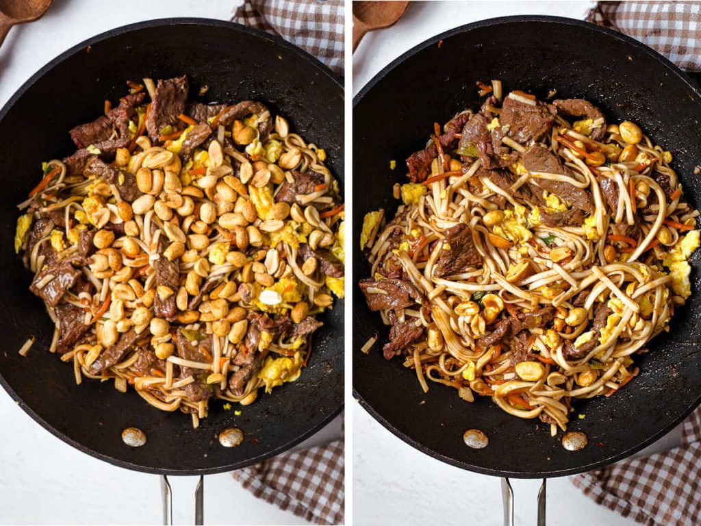adding peanuts to beef pad thai in a wok.