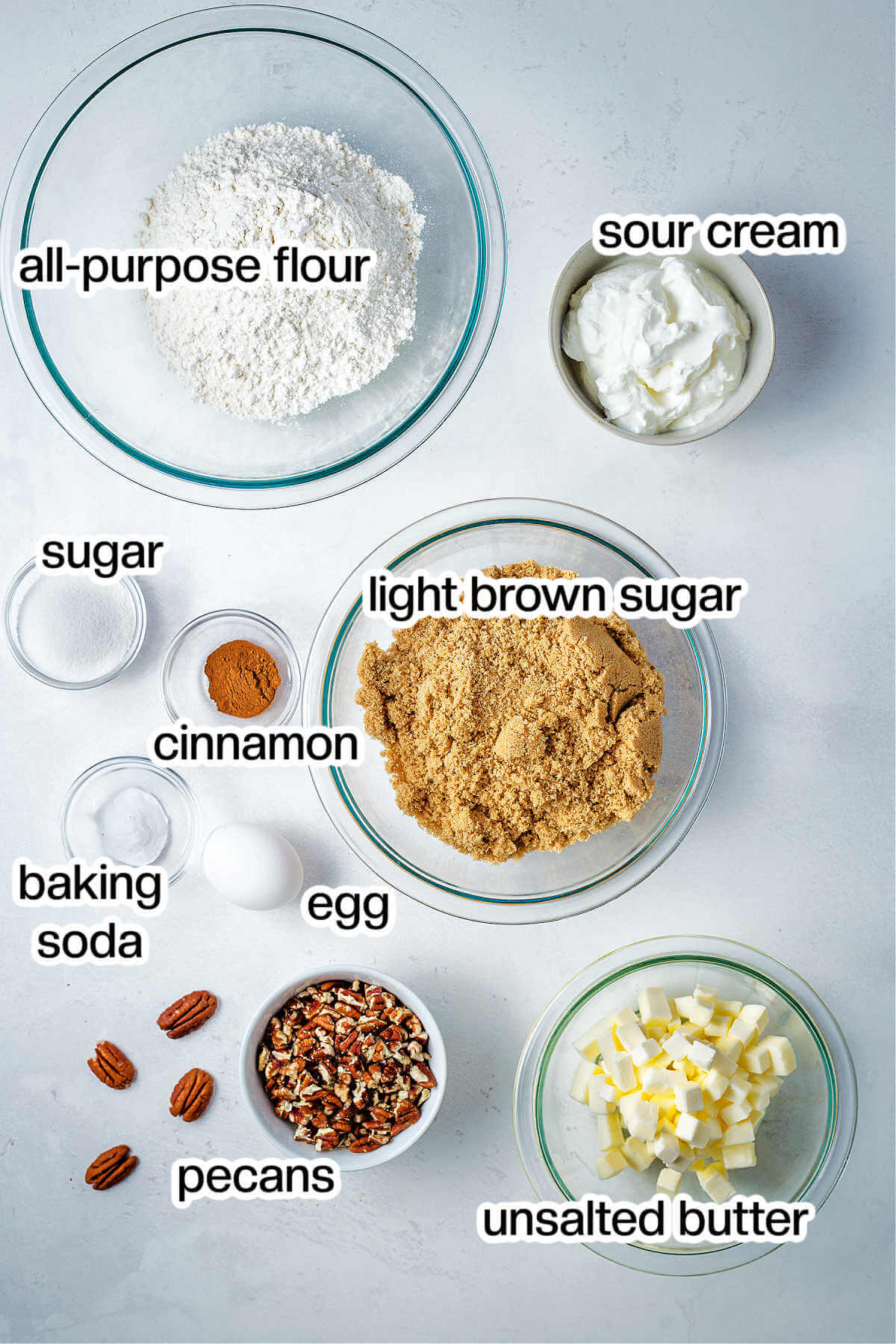 ingredients for pecan coffee cake on a table.