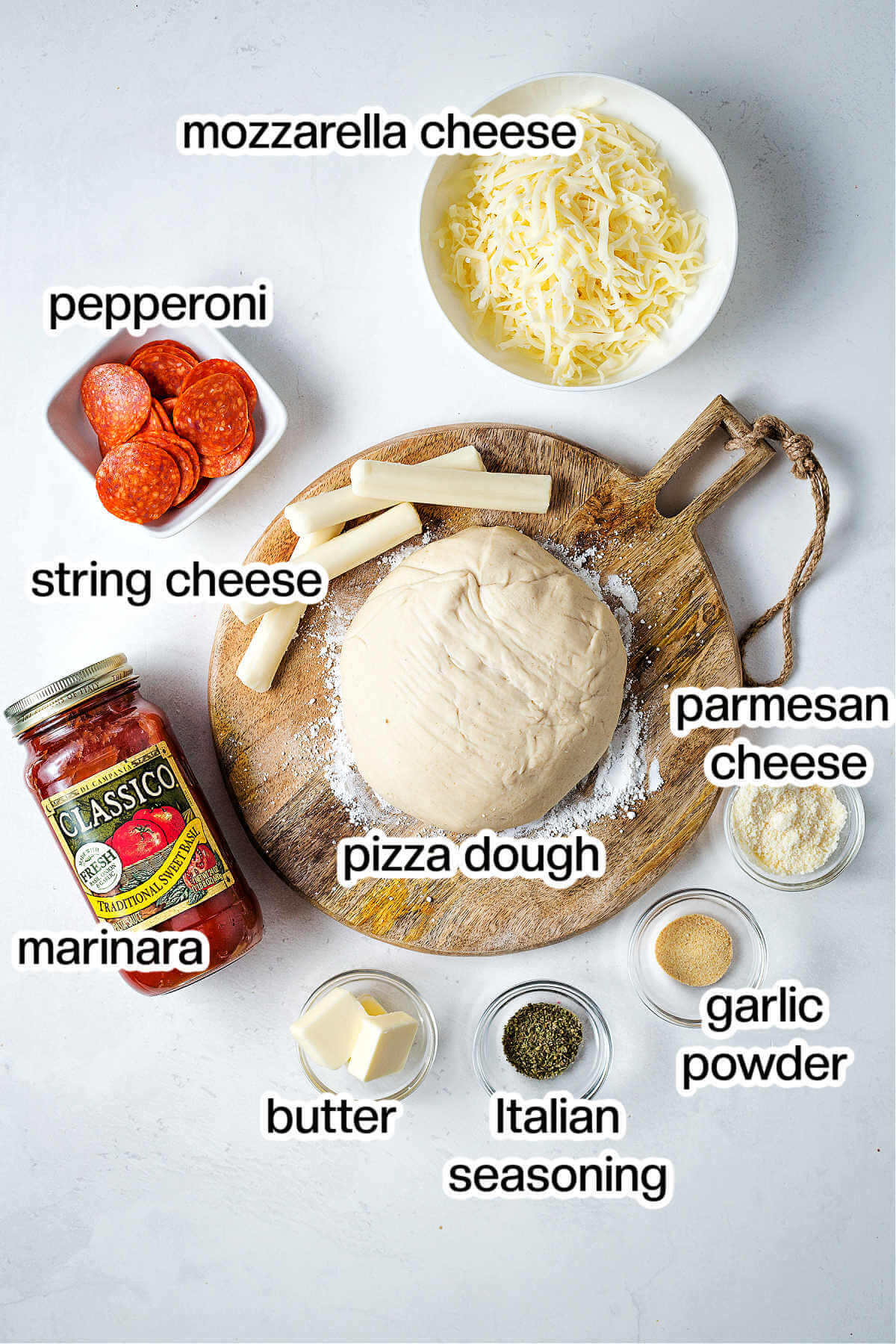 ingredients for pizza rolls on a table.