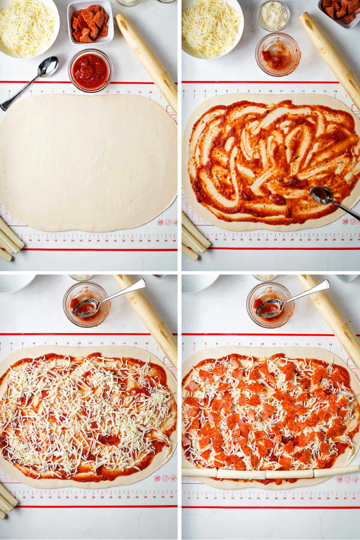 process steps for assembling pepperoni pizza rolls; roll out dough and top with sauce, cheese, and pepperoni.