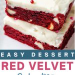Red Velvet Brownies with Cream Cheese Frosting on a plate.