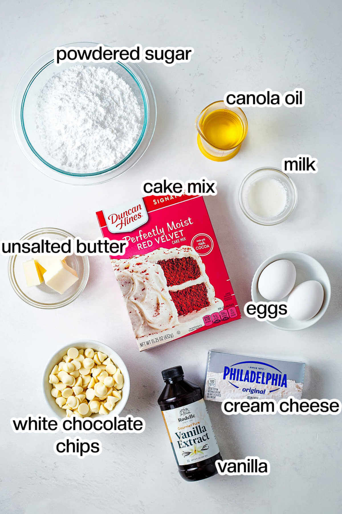 ingredients for red velvet brownies on a table.
