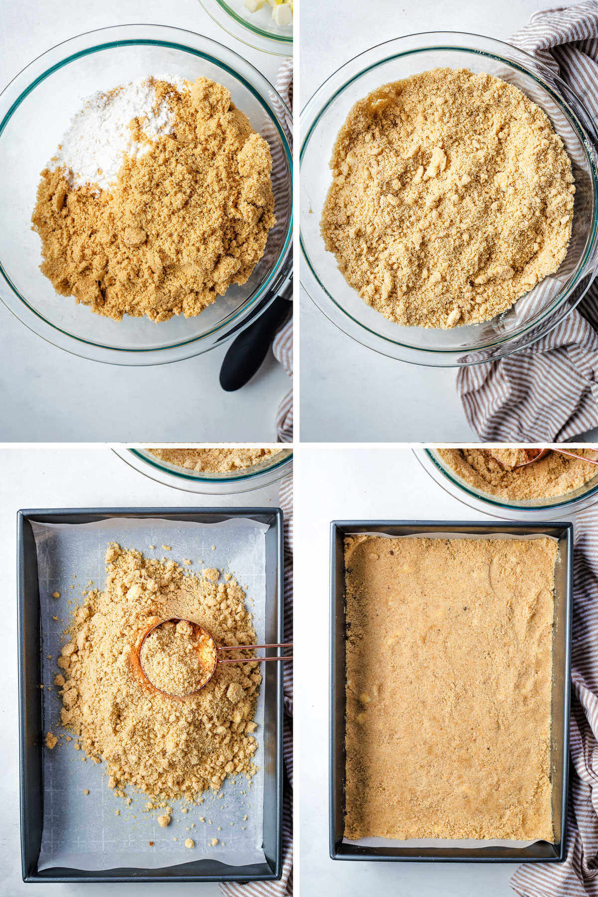 steps for making a brown sugar crust for a coffee cake and pressing it into a baking pan.