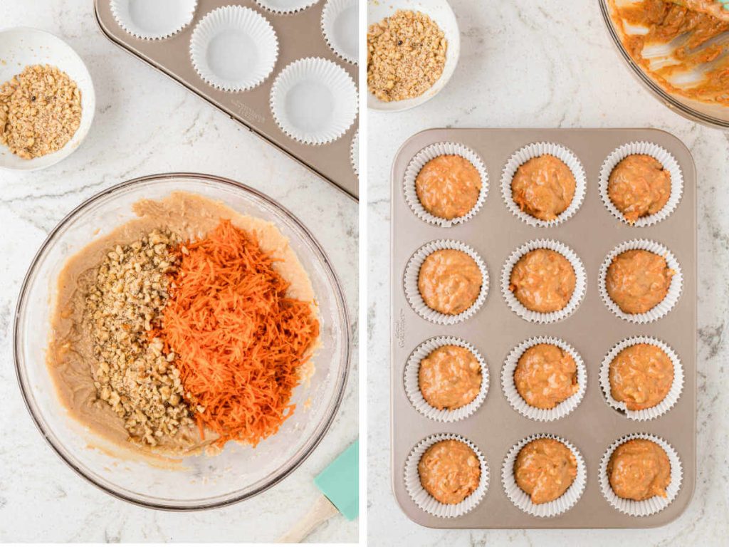 adding grated carrots to muffin batter; batter in muffin pan before baking.