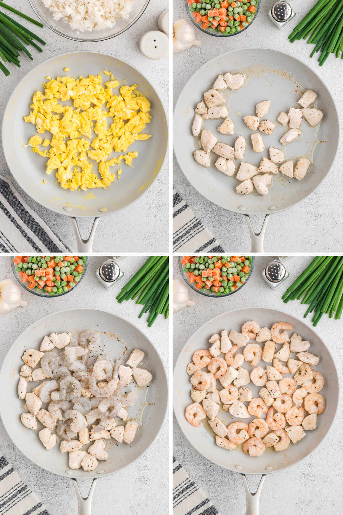 process steps for making fried rice with shrimp and chicken: scrambled eggs in skillet, shrimo and chicken sauteed in skillet.
