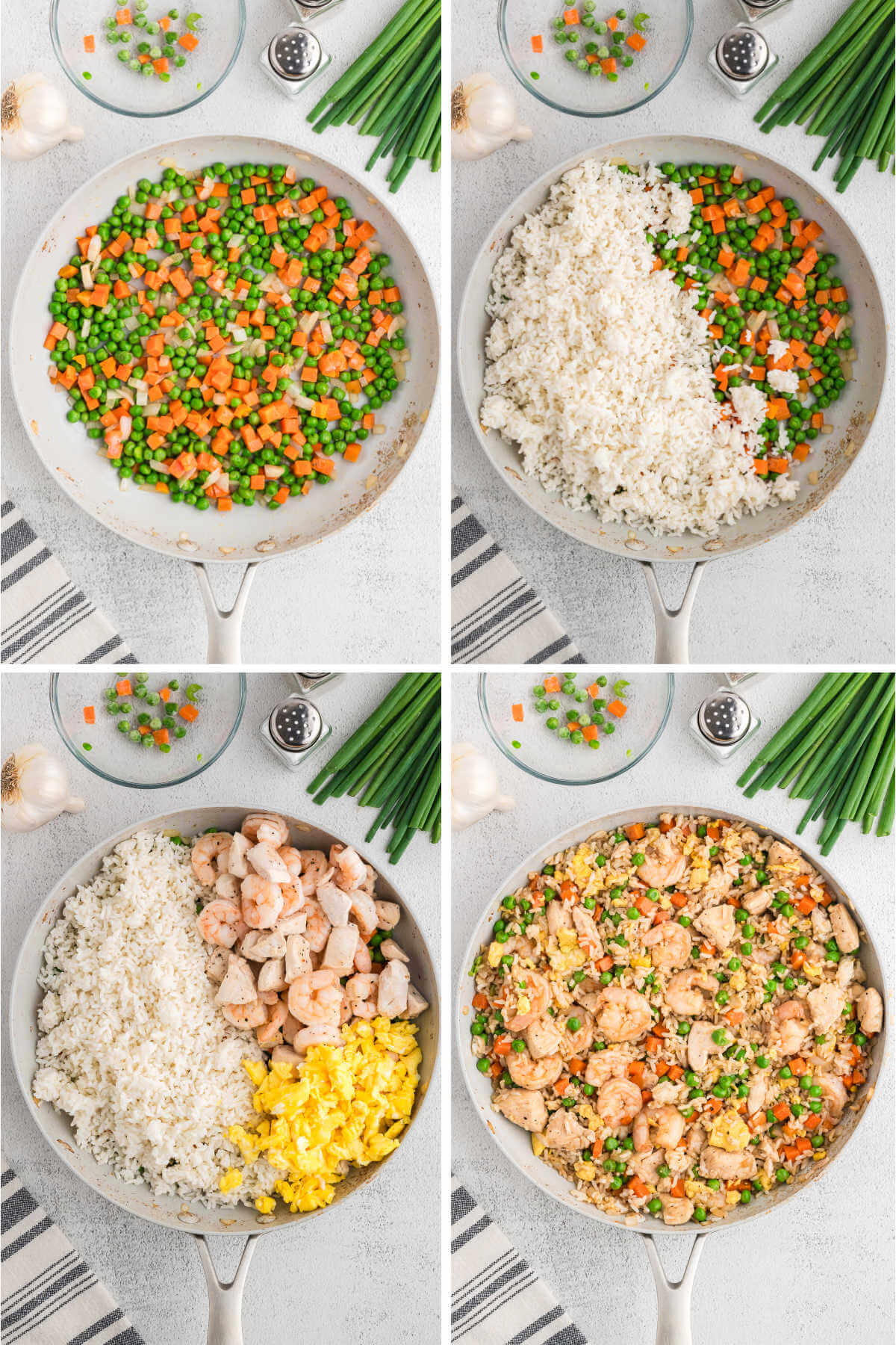 process steps for making fried rice with shrimp and chicken: peas, carrots, and rice added to the stir fry.